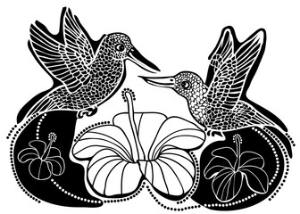 Vector illustration of hummingbirds in love and flowers black and white
