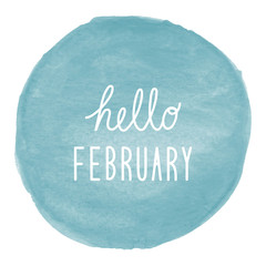 Hello February greeting on blue watercolor background