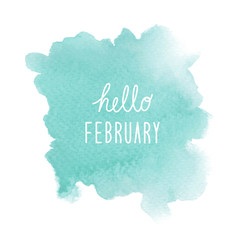 Naklejka na ściany i meble Hello February greeting with green watercolor background