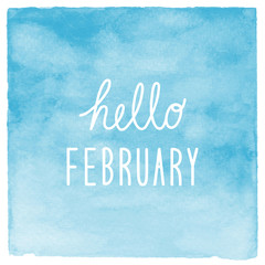 Hello February text with blue watercolor background