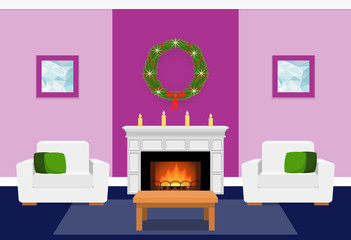 Living room interior with fir-tree on fireplace. Christmas design. Vector in flat style including furniture.