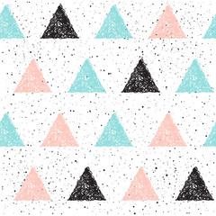 Doodle triangle seamless background. Black, blue and pink triang