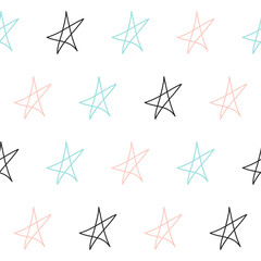 Doodle star seamless background. Black, blue and pink star.