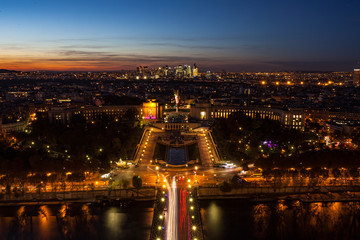 Fototapeta na wymiar View from Paris Eifel Tower towards La Defense at night with a long exposure