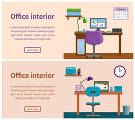 Office interior with furniture - desk, computer, laptop. Workplace, workspace design in flat style. Vector horizontal banners of business theme.
