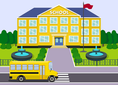 Flat schoolhouse. School building with yellow bus and fountains over landscape background. Vector illustration.