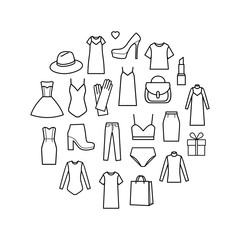 Vector icons set of  ladieswear. Fashion set of  women's clothing and accessories