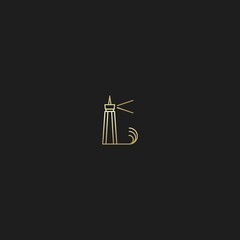Gold Lighthouse and Wave Logo. Isolated.