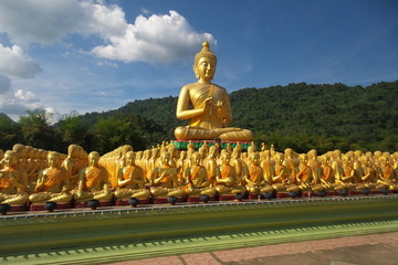 Buddha image of Lord buddha among the 1,250 monks, the symbol of Magha Puja day, Buddha Memorial...