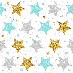 Sewing fabric with Doodle star seamless background. Grey, blue and gold ...