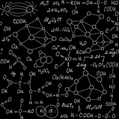Educational scientific vector seamless pattern with handwritten chemistry formulas, plots and equations