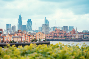 View of London Docklands with the Thames River, downtown, cucumber and city center