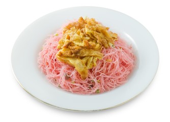 Plate of Red Fried Rice Noodle on White Background