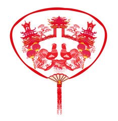 Decorative opened fan with patterns of Year of rooster design fo