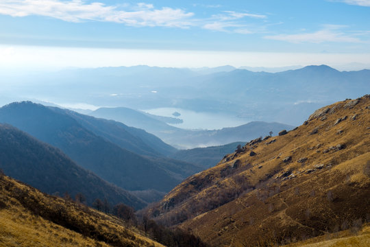 View of mountains and of Lake Orta from the top of Mottarone, Italy