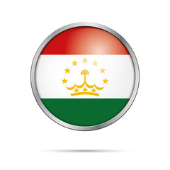 Vector Tajikian flag button. Tajikistan flag in glass button style with metal frame.