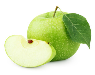 Ripe green apple with leaf and slice isolated on white background with clipping path