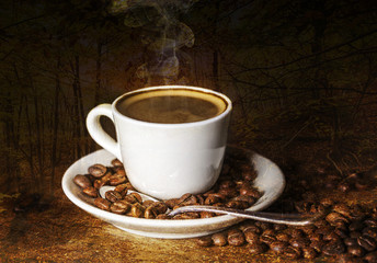 Double exposure of cup of coffee and autumnal landscape