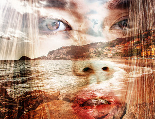 Double exposure of gorgeous girl portrait and seashore landscape