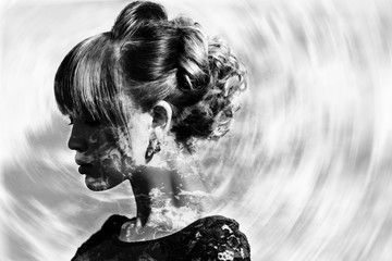 Monochrome double exposure of woman profile portrait and sea foam