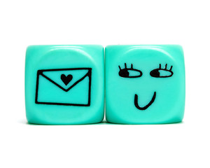 Turquoise conceptual dices - Woman excited about love letter
