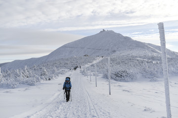 Woman trekking in Karkonosze mountains winter time