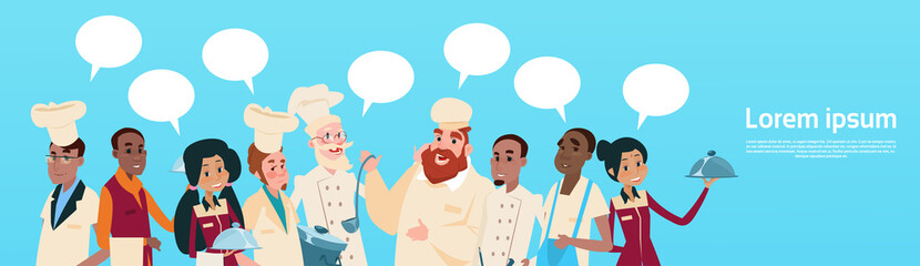 Fototapeta na wymiar Restaurant Stuff Cook And Waiters Service Mix Race Group Communication Chat Bubble Banner Flat Vector Illustration