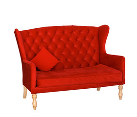 Obraz premium soft red sofa with a pillow isolated on white. Armchair with fabric upholstery