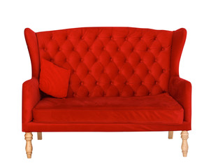soft red sofa with a pillow isolated on white. Armchair with fabric upholstery