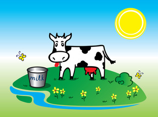 Funny black and white cow. Vector illustration.