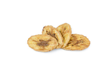Dried banana slices isolated on white background