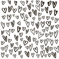 Hearts background made with brush. Expressive romantic hand drawn hearts. Vector Illustration.