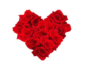 Valentines Day heart made of red roses isolated on white