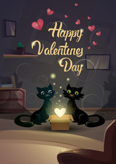 Valentine Day Gift Card Holiday Cat Couple Heart Shape Shining Love Flat Vector Illustration