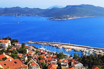 Naklejka na ściany i meble Harbour of city Kas (Kash) in Turkey and Greek island Kastelorizo