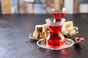 garnet tea and oriental sweets - locum and sherbet, selective focus, copy space