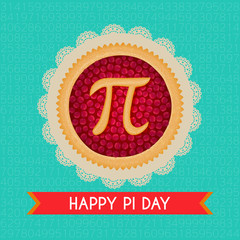 Pi Day vector background. Baked cherry pie with Pi Symbol and ribbon. Mathematical constant, irrational number, greek letter. Abstract digital illustration for March 14th. Poster creative template