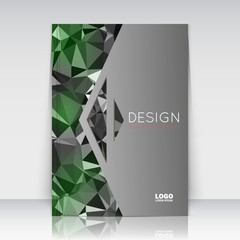 Abstract composition. Green polygonal texture. Triangle rademark construction. Lines plexus section. Grey brochure title sheet. Creative arrow figure icon surface. Unusual banner form. Flyer font.