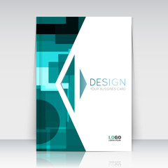 Abstract composition. Turquoise figures texture. Green circle, square, triangle part construction. Arrow trademark section. Brochure title sheet. Creative logo icon surface. Banner form. Flyer font.