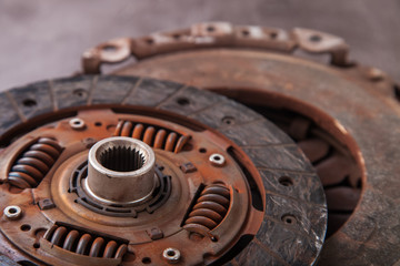 old rusty details of automobile coupling, selective focus