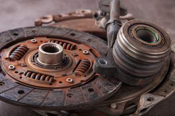 old rusty details of automobile coupling, selective focus