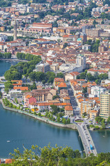 Aerial view of Lecco city and Lake Como, Italy - obrazy, fototapety, plakaty