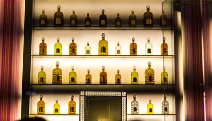Luxury alcohol collection in hotel bar.