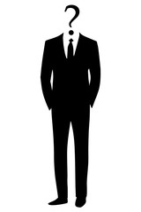 Черный силуэт мужчины бизнесмена в строгом деловом костюме со знаком вопроса. Векторная иллюстрация.