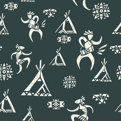 Tribal ornamental texture. Vector seamless pattern.  American indian village. Hand drawn tropical background.