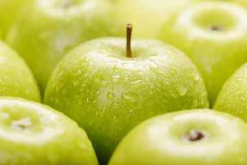Green fresh apples close up, selective focus.