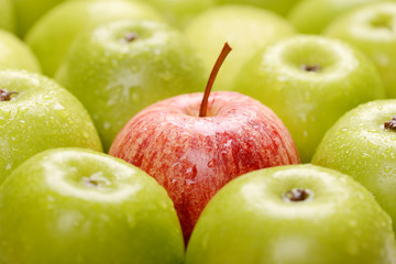 Green fresh apples and red apple close up, selective focus.
