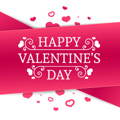 Template design Valentine banner. Happy valentine's  day brochure with decoration  pink tape for sale. Romantic poster with swirl love vintage logo and heart decoration for holiday offer. Vector.