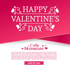 Template design Valentine banner. Happy valentine's  day brochure with decoration  pink tape for sale. Romantic poster with swirl love vintage logo and heart decoration for holiday offer. Vector.