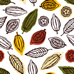 Seamless pattern with fruits and cocoa leaves. Background for packaging chocolate drink and chocolate. Hand drawn. Vector illustration.